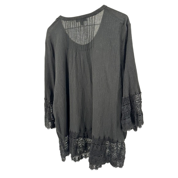 Ellos Womens 2X Tunic Top Black Crochet Trim Pintuck Button Down 3/4 Sleeve - Picture 1 of 14